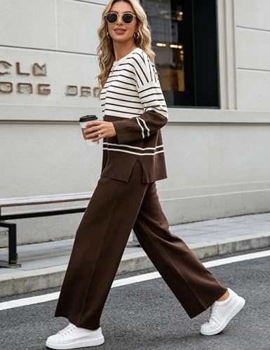 Women's 2 Piece Knit Striped Sweater Lounge Set - Large Coffee