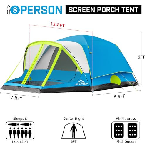 Blue 8-Person Camping Tent with Screen Porch - Family Waterproof Shelter