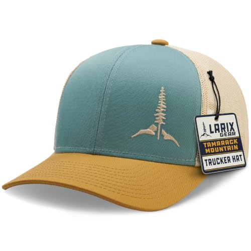 Larix Tamarack Mountain Mesh Snapback Trucker Hat Men Light Blue Amber Gold Beige - 2