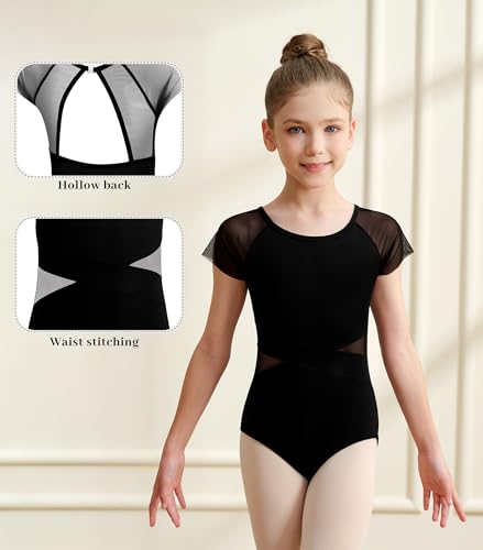 Girls Black Mesh Leotard Short Sleeve for 6-8 Years - Hollow Back Dance Wear