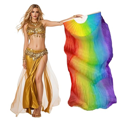 Women Belly Dance Fan for Beginners - Vertical Rainbow Faux Silk Fan 180x90cm Right Hand Only Flowing Veil for Practice & Performance