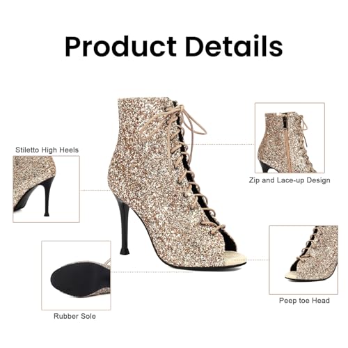 Women's Ballroom Dance Shoes Sparkle Peep Toe Heels Booties - Gold 7