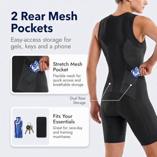 Women's Triathlon Suit - Sleeveless Padded Half-Zip Trisuit, Medium, Black