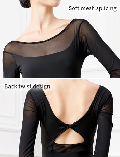 Women Ballet Leotard Long Sleeve Bodysuit - Medium Black
