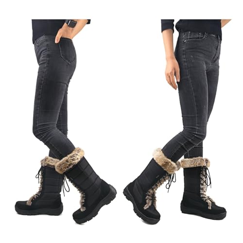 Women's Black Winter Snow Boots with Fur Cuff - Waterproof Mid-Calf Lace-Ups - Variation: Brown Fur