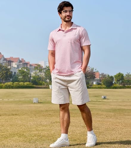 Lexiart Men's Golf Polo Shirt Short Sleeve Slim Fit Quick Dry Pink X-Large