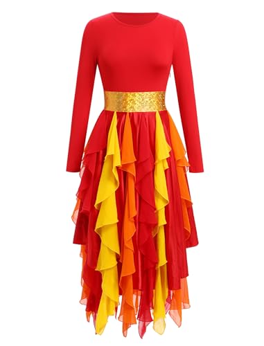 IDOPIP Metallic Praise Dance Dress for Women - Medium Red Asymmetric Ruffle Overlay Worship Costume