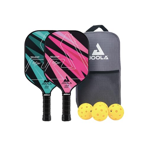 JOOLA Pickleball Paddles Set of 2 - Teal/Pink - Fiberglass Surface, Lightweight & Durable, Includes Balls & Bag, USAP Approved