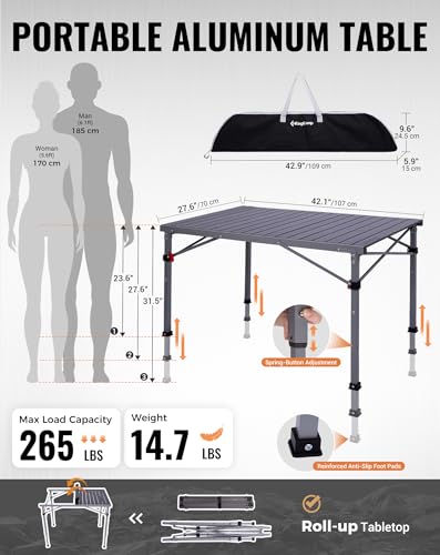 KingCamp 42.1x27.6 Inch Folding Camping Table 3-Height, Heavy Duty Outdoor Table