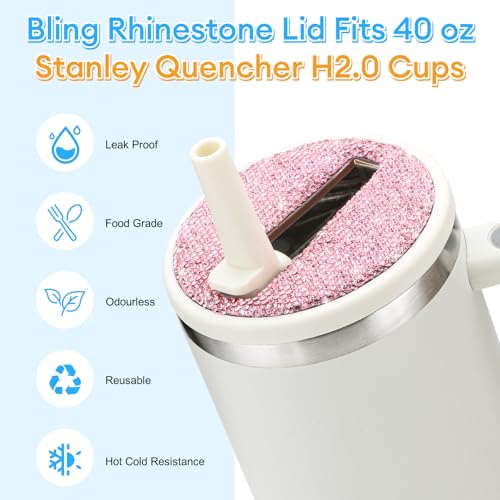 Cream Pink Rhinestone Flip Straw Lid Replacement for Stanley Quencher 40 oz Tumbler - Leak Proof & Non-Spill