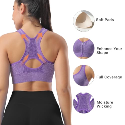 Women’s Seamless Wireless Medium Support Sports Bras – Large, Black Purple Grey