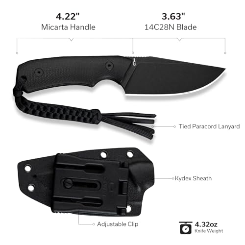CIVIVI Gander Fixed Blade Knife with Sheath - Black, 3.63" 14C28N Steel, Full Tang, Outdoor & Camping Knife