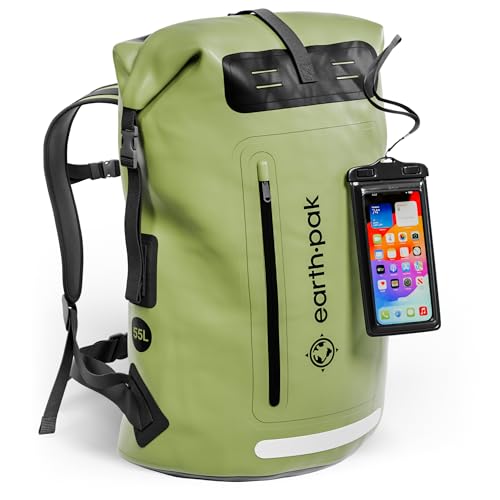 Earth Pak 55L Green Waterproof Hiking Backpack Roll-Top Dry Bag & Phone Case