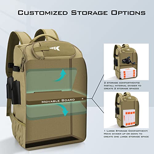 Large 40L Water-Resistant Fishing Tackle Backpack with Rod Holder and 4 Boxes - Khaki