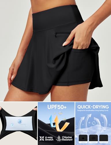 IUGA High Waisted Swim Skirt for Women Tummy Control with Pockets - Black, Large