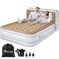 Queen Size Air Mattress with Pump & Banded Headboard - White & Brown, 18in Luxury Flocked Top, Inflatable Bed for Home & Guests