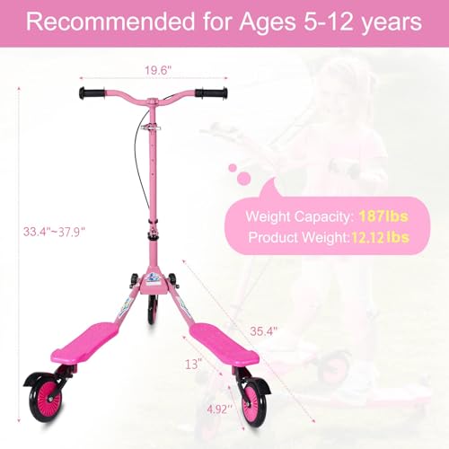 Pink Kids Swing Scooter with 3 Wheels, Adjustable Height & Foldable Design for Ages 5-12