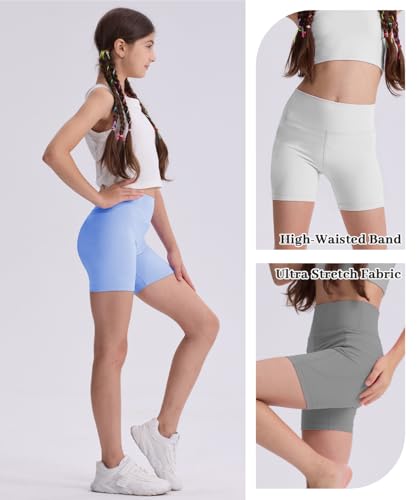 Girls Bike Shorts 5 Pack High Waisted Athletic Shorts for Kids & Teens - Large / Black, Light Gray, Navy, Pink, Light Blue