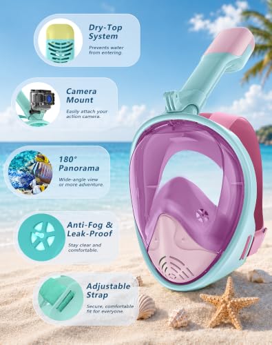 Kids Full Face Snorkel Mask Set 2 Pack - Blue Yellow & Pink Cyan, Anti-Leak, 180° View