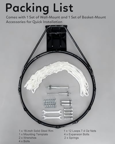 iHandiy Black 18-Inch Heavy Duty Steel Basketball Rim with Net & Installation Kit