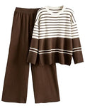 Women's 2 Piece Knit Striped Sweater Lounge Set - Large Coffee