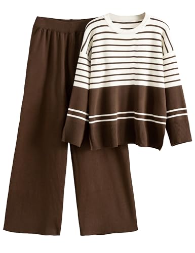 Women's 2 Piece Knit Striped Sweater Lounge Set - Large Coffee