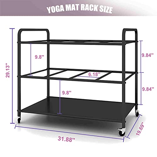 Black Yoga Mat Storage Rack with Wheels - Multi-Purpose Gym Organizer for Fitness Equipment