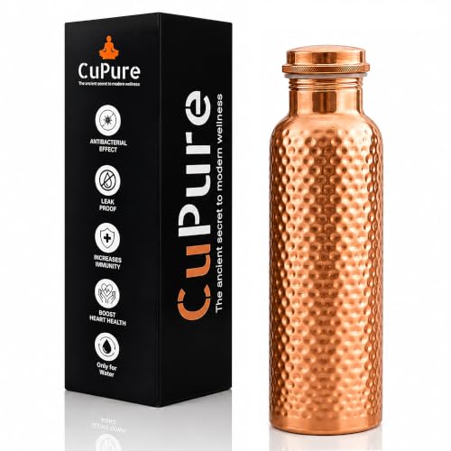 Copper Hammered Water Bottle - 32 oz Pure Copper Ayurvedic Drinking Vessel with Leak-Proof Lid - Variation of THIS listing