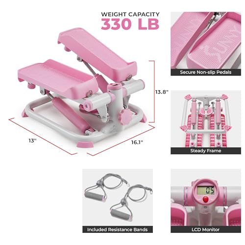 Pink Mini Stair Stepper with Resistance Bands for Home Workout - Sunny Health & Fitness