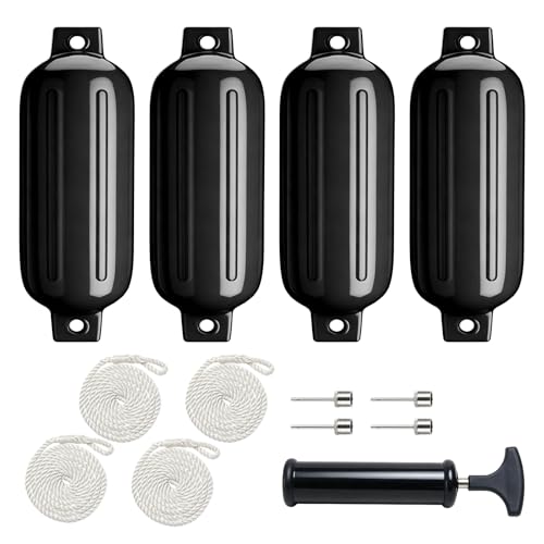 Stmynt 6.5 Inch Black Inflatable Marine Boat Fenders with Ribs Twin Eyes Docking Bumpers (Pack of 4)