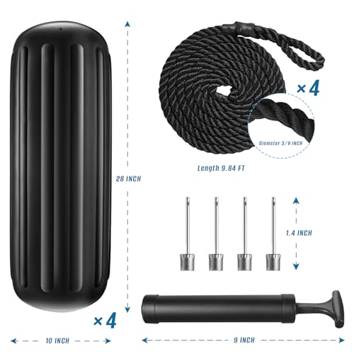 Black Boat Fenders Bumpers Pack of 4 - 10 x 28 Inches Docking Protectors