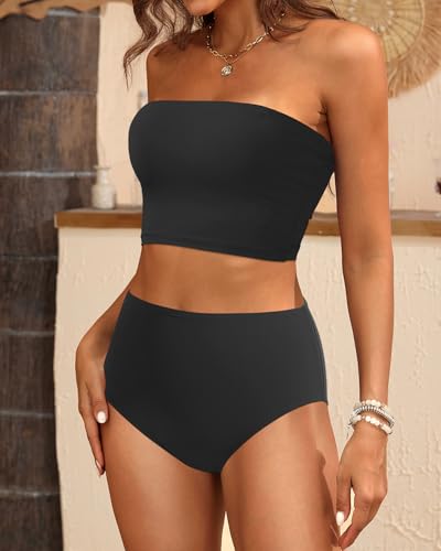 Large Black Strapless Bandeau Bikini Set - Two Piece Swimsuit