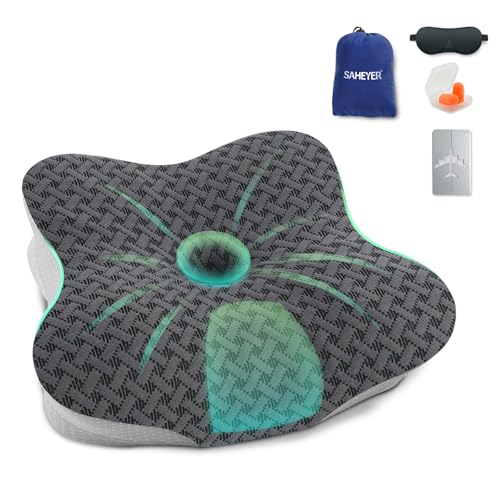 SAHEYER Black Travel Pillow for Sleeping, Ergonomic Cervical Neck Support, Memory Foam with Cooling Cover & Storage Bag