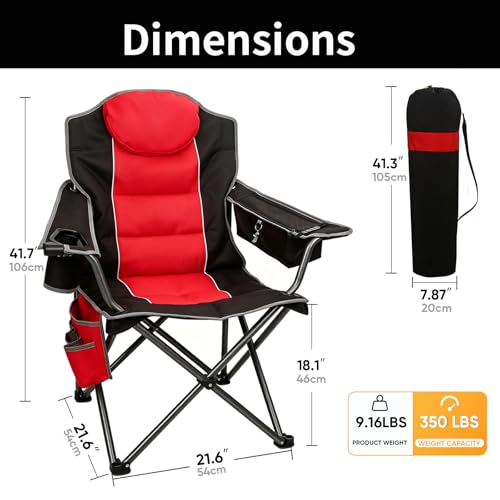 Colorsoul Oversized Camping Chair with Padded Seat & Backrest - Red - Support 350 LBS