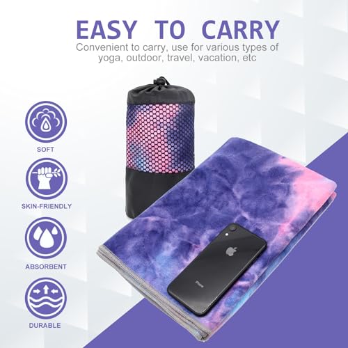 Eunzel Yoga Towel with Grip Dots - 72 x 24 Inch Non-Slip Sweat Absorbent for Hot Yoga & Pilates (Purple & Blue)