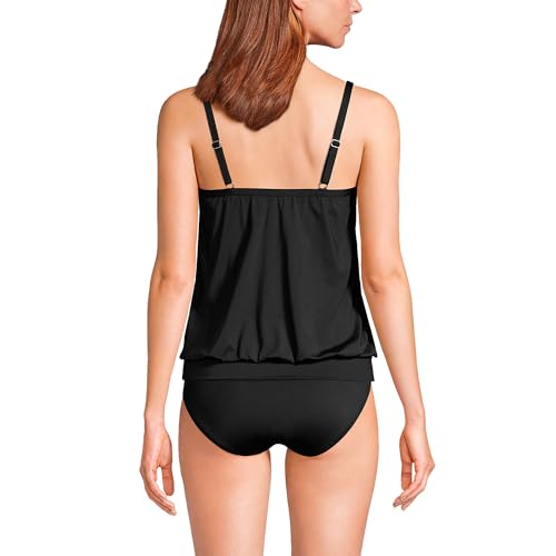 Lands' End Women's Black Blouson Tummy-Hiding Tankini Top with Adjustable Straps - Size 10