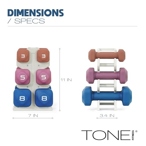 Tone Fitness Neoprene Dumbbell Set with Light Gray Storage Rack – 32 lb