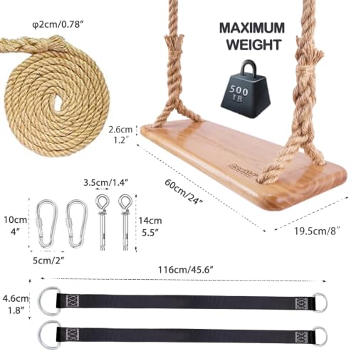 Premkid Raw Wood Hanging Tree Swing with Adjustable Hemp Rope & Tree Straps