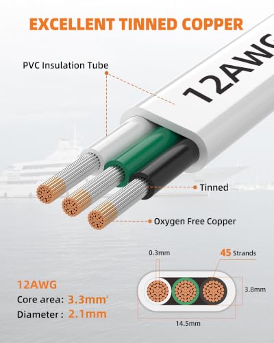 CONEPY 12/3 Marine Wire 50FT - 12 Gauge Tinned Copper Cable for Boat & Marine Use