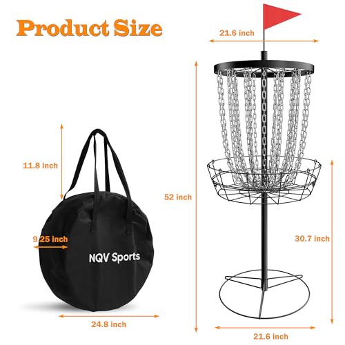 NQV Heavy Duty Black Portable Disc Golf Basket with 24 Chains and Carrying Bag