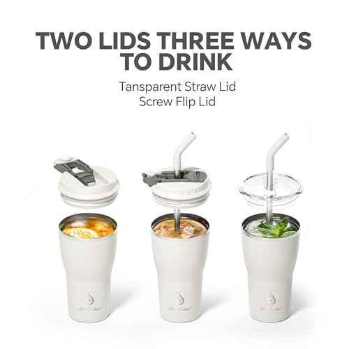 IDEUS 14 oz Insulated Stainless Steel Travel Tumbler with Lid & Straw - White