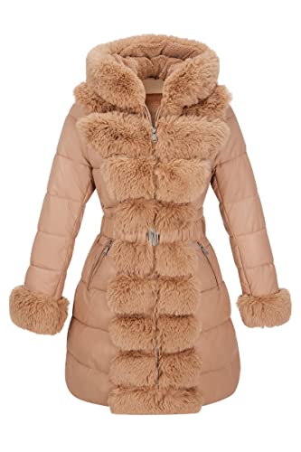 Women’s Winter Puffer Coat with Hood - Quilted Leather Jacket, Small Apricot Orange Buff - RISISSIDA