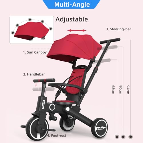 Red 7-in-1 Toddler Tricycle Stroller with Foldable Push Handle and Adjustable Seat