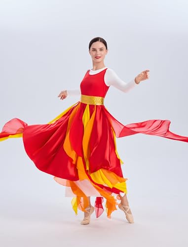 X-Large Red Metallic Praise Dance Dress for Women Rainbow Asymmetric Overlay Tunic Liturgical Worship Costume