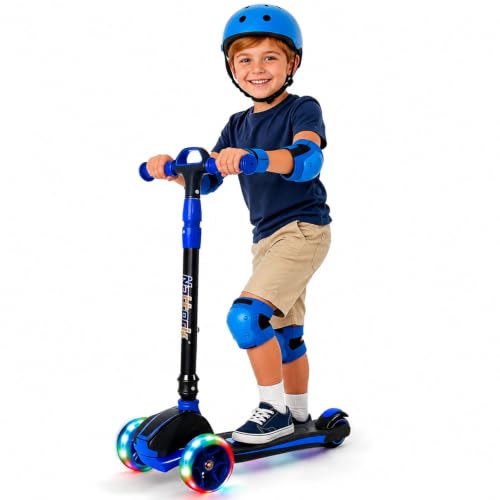 Nattork Kids Blue Scooter for Ages 3-8, 4-Height Adjustable, Light-Up 3-Wheels, Foldable, Lean-to-Steer, 120LB Capacity