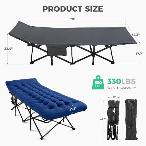 Folding Camping Cot for Adults with Mattress - Navy, Oversized 78x32x18