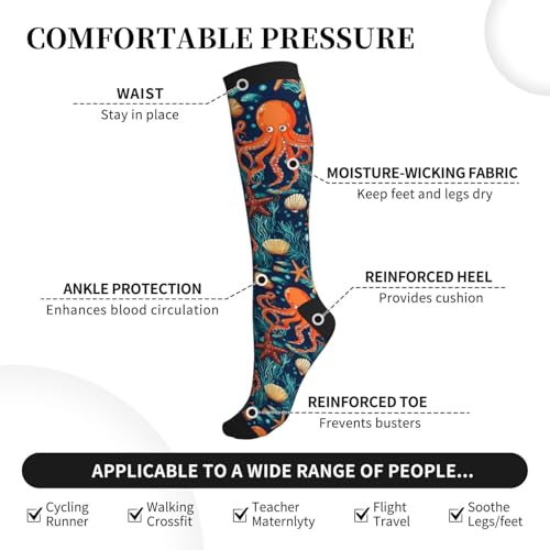 Compression Socks Calf Knee High Support Socks For Women Men - One Size Ocean Octopus