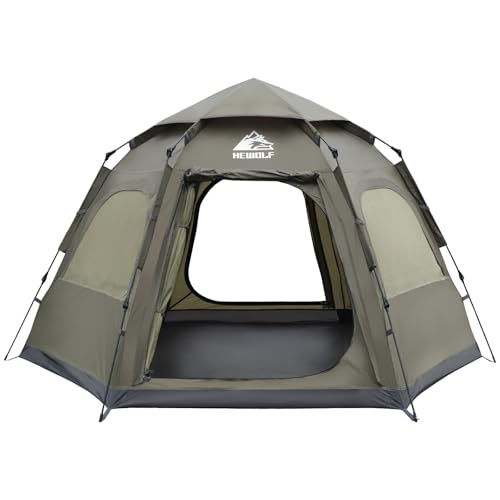 Hewolf 2-4 Person Instant Pop Up Camping Tent - Waterproof Hexagonal Dome, Dark Green