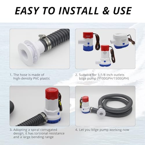 Bilge Pump PVC Hose 3/4 Inch - 6 Ft Flexible Kink-Free with Stainless Steel Clamps & Thru Hull Fitting - Variation of Bilge Pump Hose 3/4 Inch