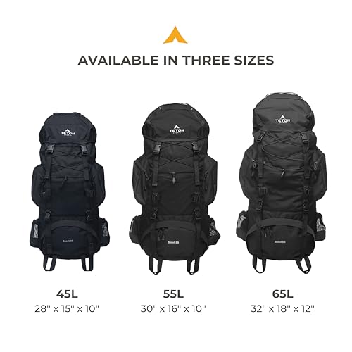 Teton Scout 55L Internal Frame Hiking Backpack with Rain Cover - Black / 55L